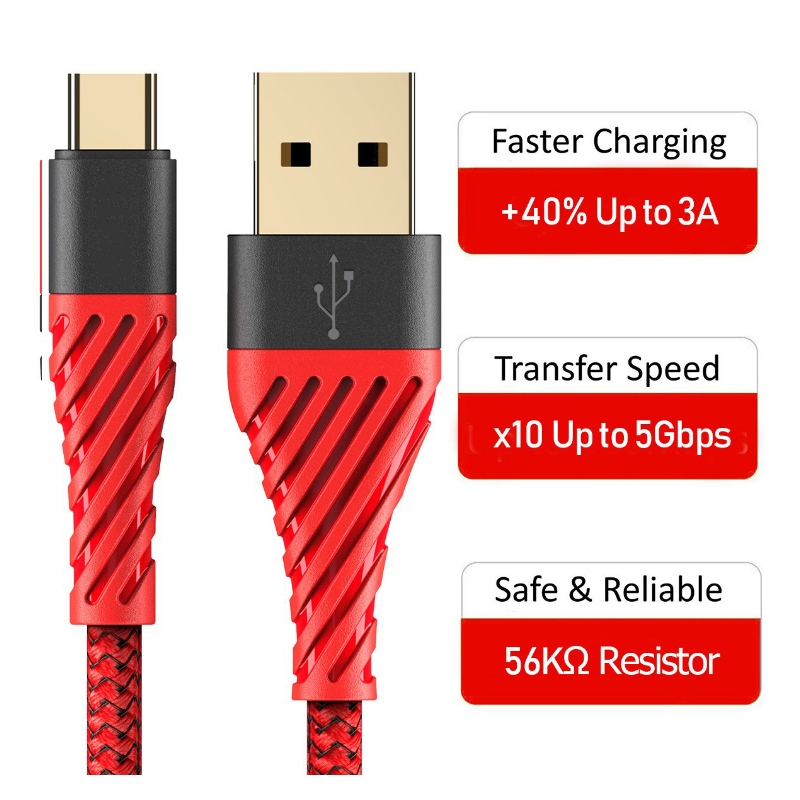 USB C кабел 3.0, USB тип C кабел за бързо зареждане USB към мобилен телефон кабел за Samsung Galaxy S8, S9 Plus, Note 8, LG v20, G6, G5, v30, Google Pixel 2 XL, Nexus 6-3 Pack Red