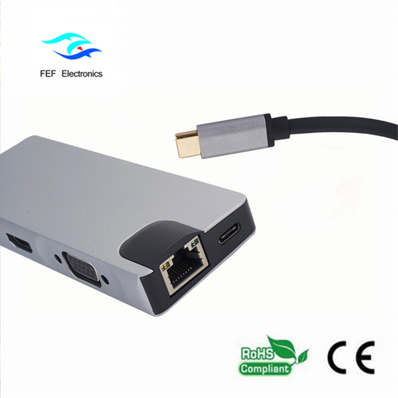 USB тип c / HDMI женски + VGA женски + 2 * USB3.0 женски + SD + TF + PD метален калъф