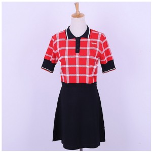 По поръчка дизайн с къс ръкав поло яка контрастни цветове карета Офис дамски плетена пуловерна рокля