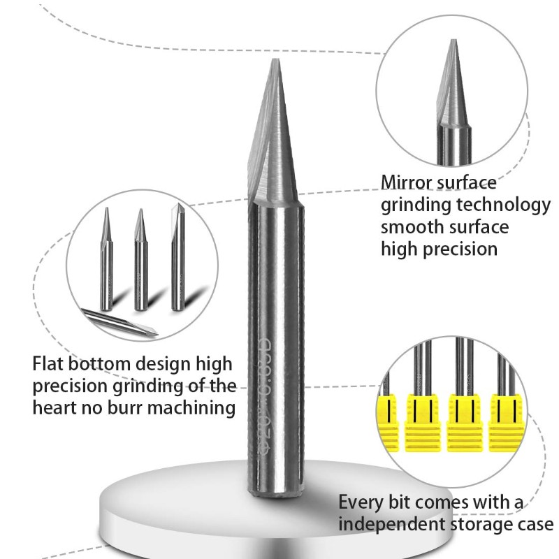 Гравиращи битове, 2 флейти, прави CNC V-битов 1/4 инчов ръб Маркиране Коничен гравиращ рутер инструмент за стоманена алуминиева месингова MDF дървесина
