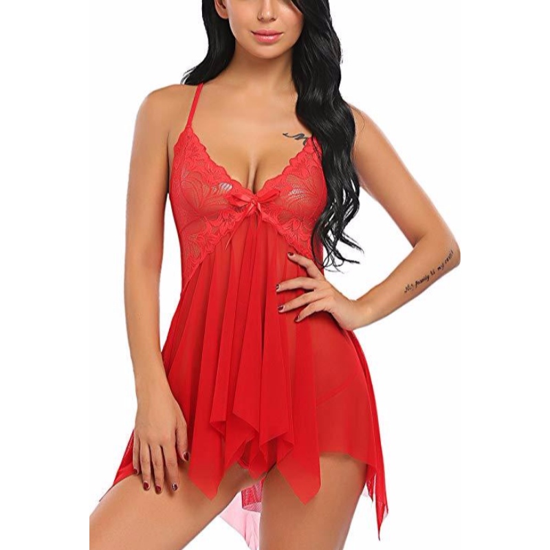 Дамско бельо Lace Babydoll V Neck Sleepwear Strap Chemise rose-team