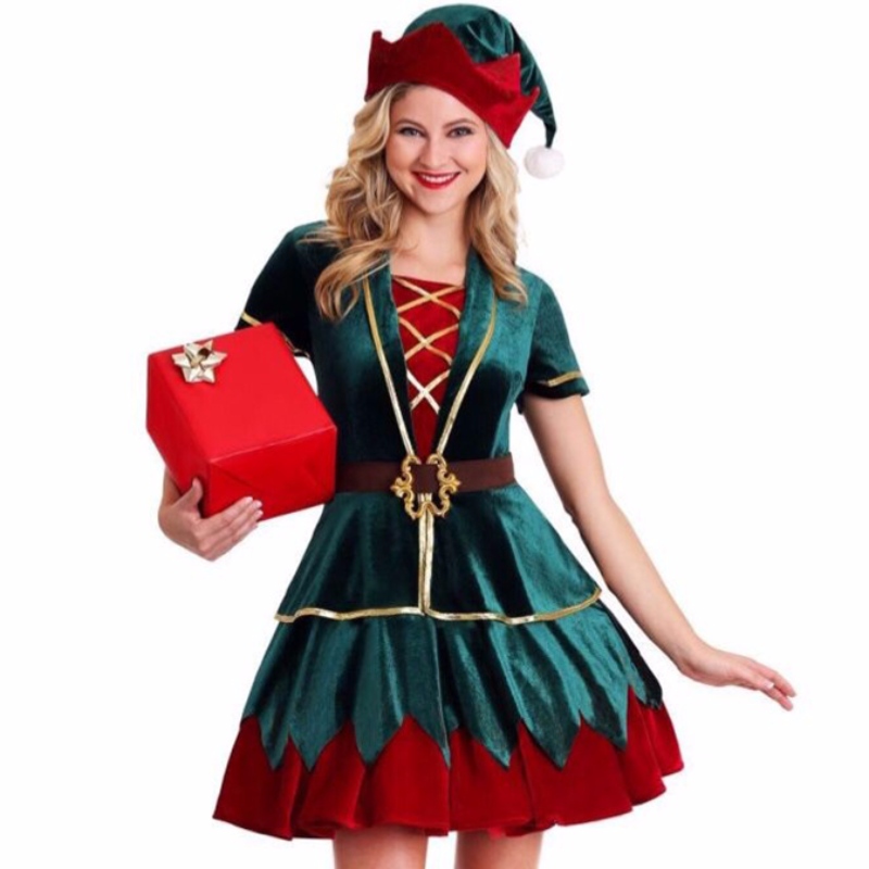 4PCs Deluxe Elf Christmay Party Holiday Velvet Mini Dress костюми с шапка