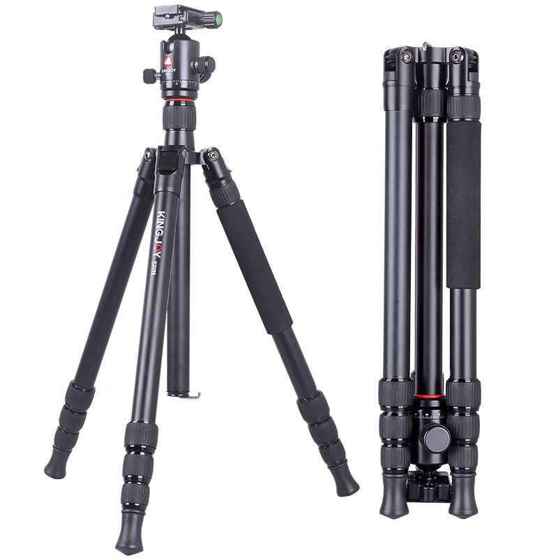 Комплект триножки Kingjoy Travel Tripod, алуминиев статив за видеокамера с теглеща глава за теглене, централна колона, регулируем ъгъл на крака, съвместим за Canon Nikon DSLR видео снимане