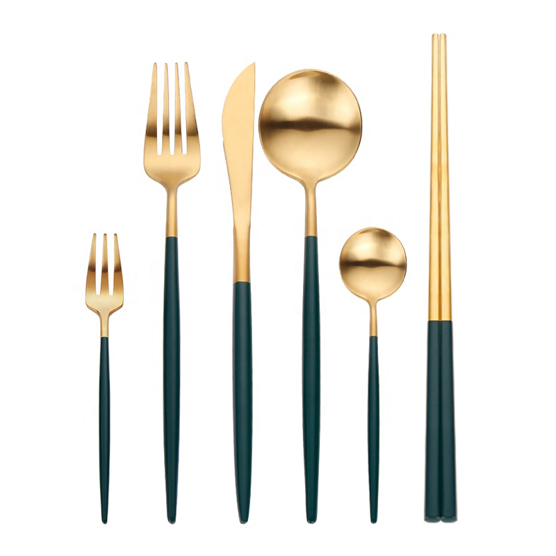 Зелена дръжка от неръждаема стомана Сватба Пълен ресторант Matte Gold Spoon Ножове и прибори