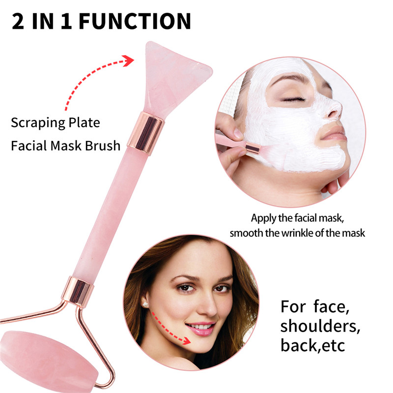 Jade Roller, 100% Rose Quartz Roller & Scarping plate and Face Cleaning Brush 4 Functional Face Hassager for Face Eye Neck Body