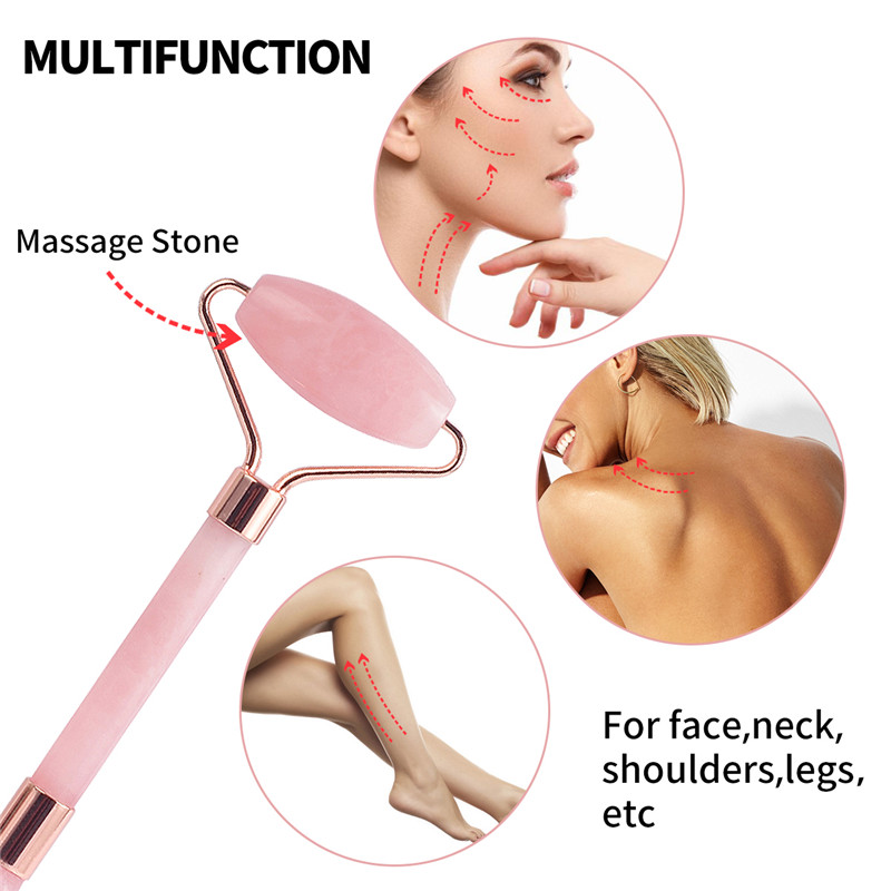 Jade Roller, 100% Rose Quartz Roller & Scarping plate and Face Cleaning Brush 4 Functional Face Hassager for Face Eye Neck Body