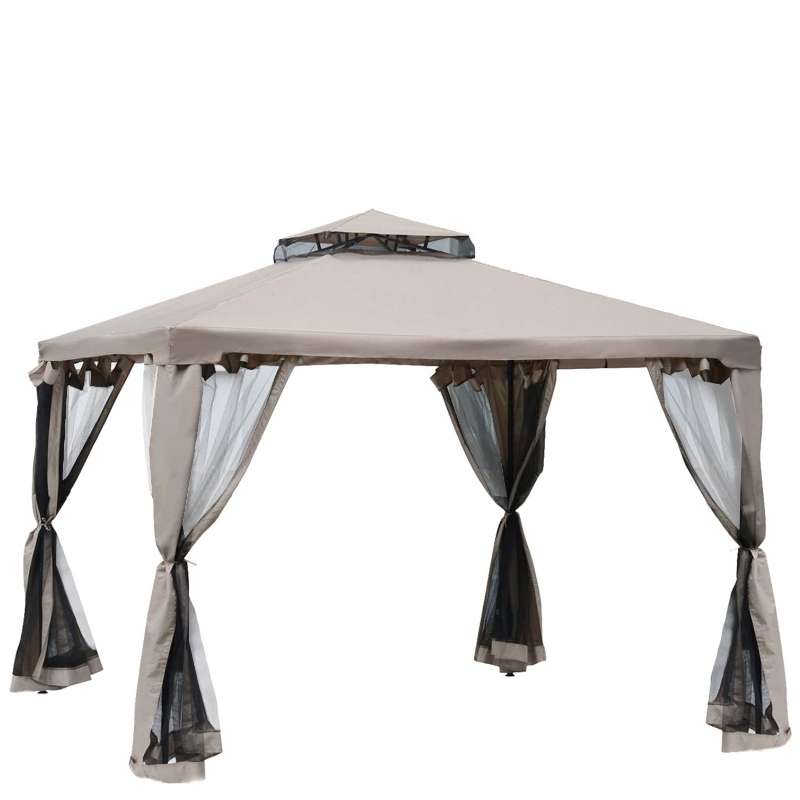 10-82177; x 10-282177; Patio Gazebo Pavilion Canopy Tent, 2-Tier Soft Top with Netting Mesh Sidewalls, Taupe