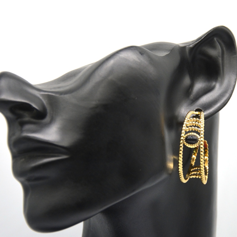 Обеци с обръч от злато, С-образни обеци с обръч, черен ахат, женски чувствителни уши, хипоалергенни бижута, Китайска фабрика за обр...