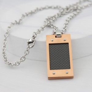 Mens Carbon Fiber Necklace Rose Gold plated Army Style Stainless Steel Dog Tag Pendant
