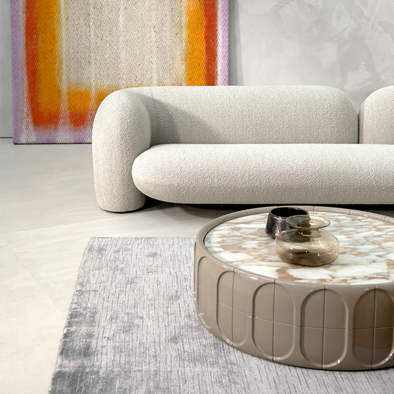 Модерно минималистично сиво фибростъкло база голям кръг естествен мрамор топ кафе маси дневна мебел