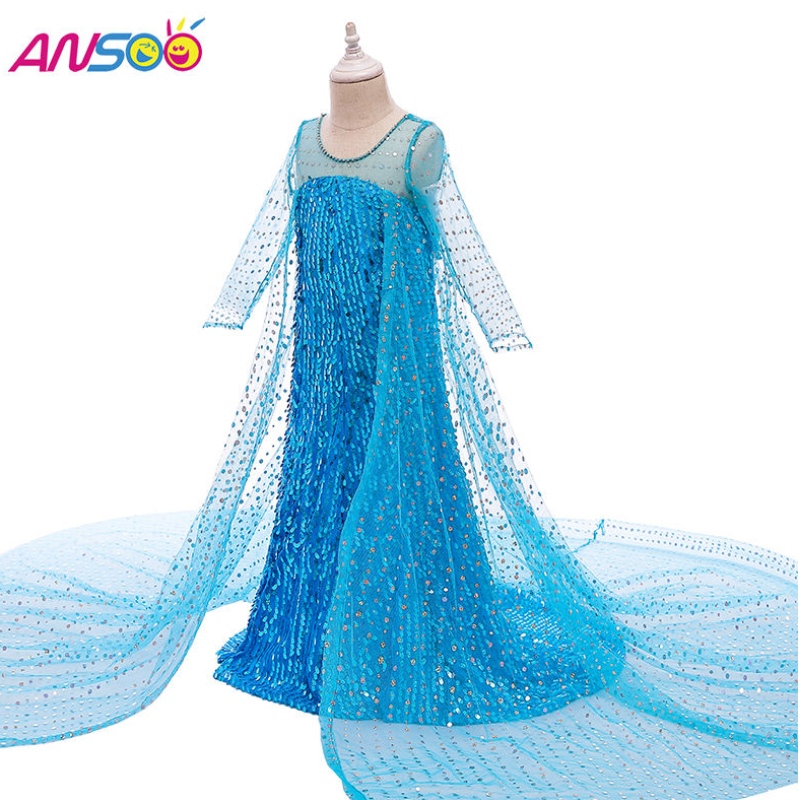Ansoo Top Sell Cloths Фантастична принцеса Облечете пайети с дълга опашка 2022 Elsa Anna Ressing за момичета