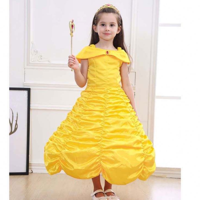 Хелоуин деца дрехи, слоени от рамо жълта принцеса бел костюм малки момичета Хелоуин рокля HCBL-001