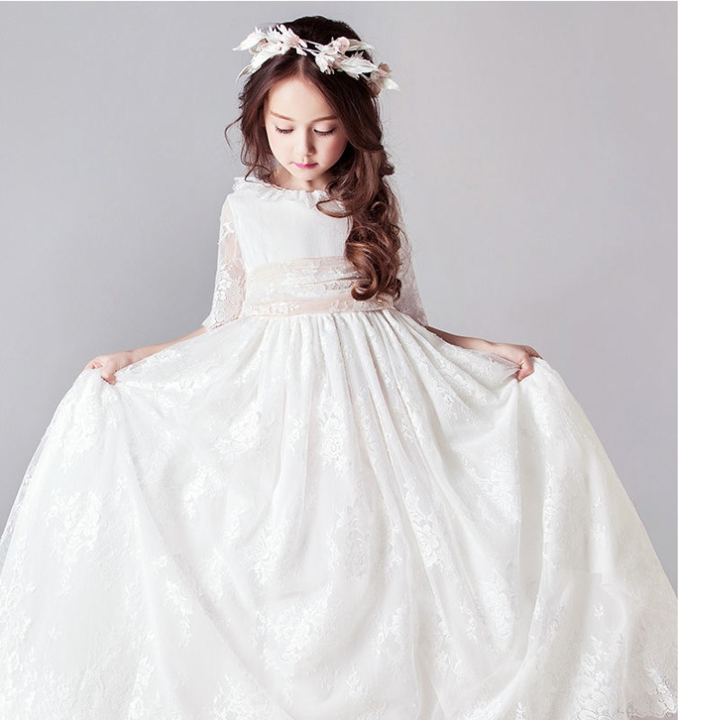 Дълги бели рокли за деца момичета принцеса елегантна сватба гост деца шаферка дантелени рокли парти вечерна рокля 3 6 14 години