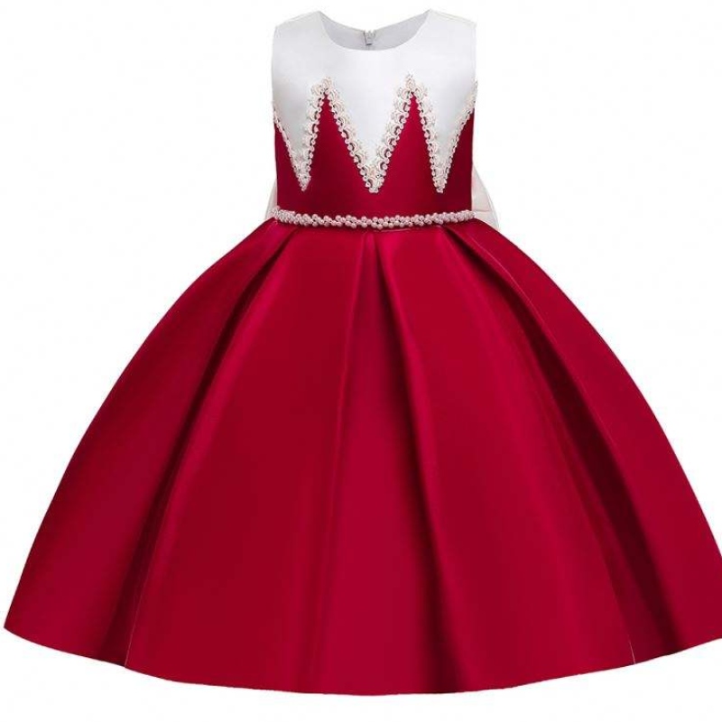 Baige Satin Material Big Bow Knot Red Color Детски рокли за рожден ден рокли за момичета за момичета