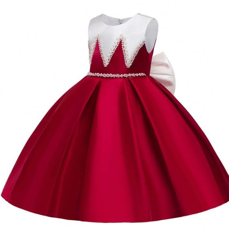 Baige Satin Material Big Bow Knot Red Color Детски рокли за рожден ден рокли за момичета за момичета