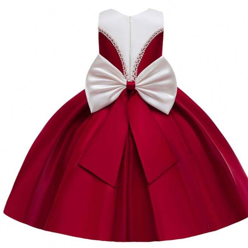 Baige Satin Material Big Bow Knot Red Color Детски рокли за рожден ден рокли за момичета за момичета