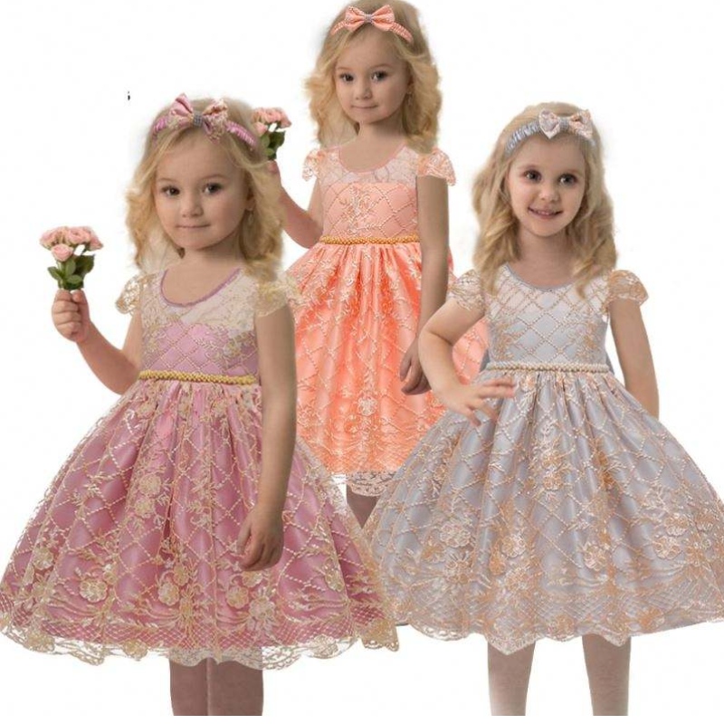 China Factory Kids Party Satin Frock Бебешки цвете рожден ден деца деца летни дрехи 7933