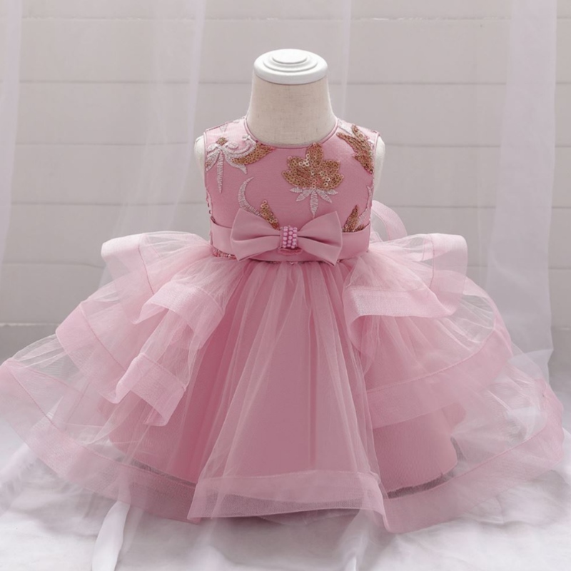 Baige Wholesale Embrodery Pearl Bow Design Party Baby Girls Ress Birthday Party Kids Frock L1929XZ