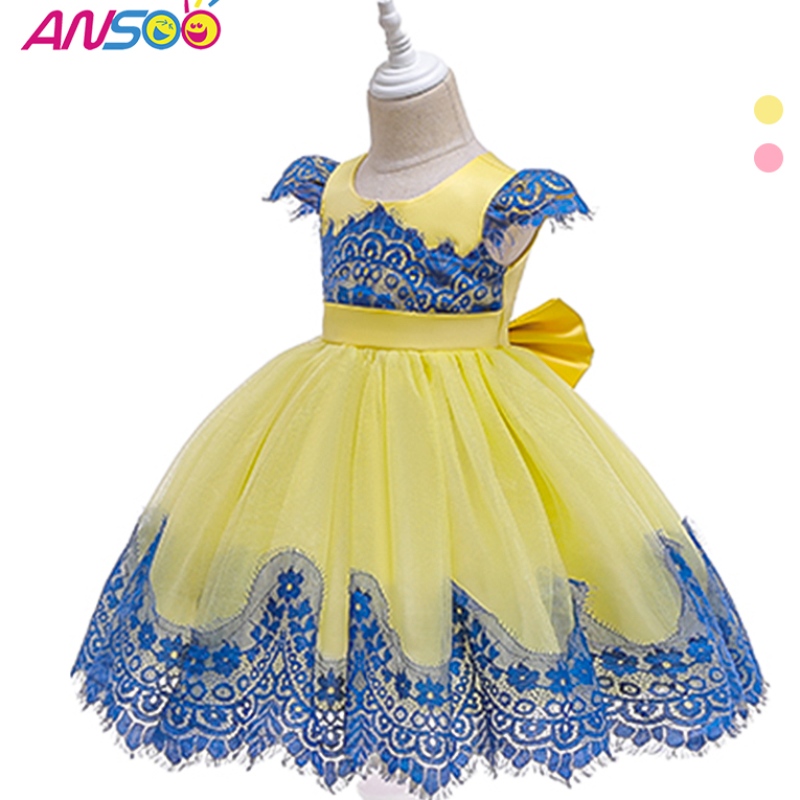 Ansoo Baby Girls Puff Sleeve Retro Party Жълта рокля Деца принцес лък Лято Туту рокли за момичета деца