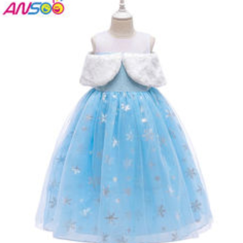 Ansoo2021 Деца на изпълнение Elsa Fashion Girl Wool Collar Princess Dress Lovely Girls Costume