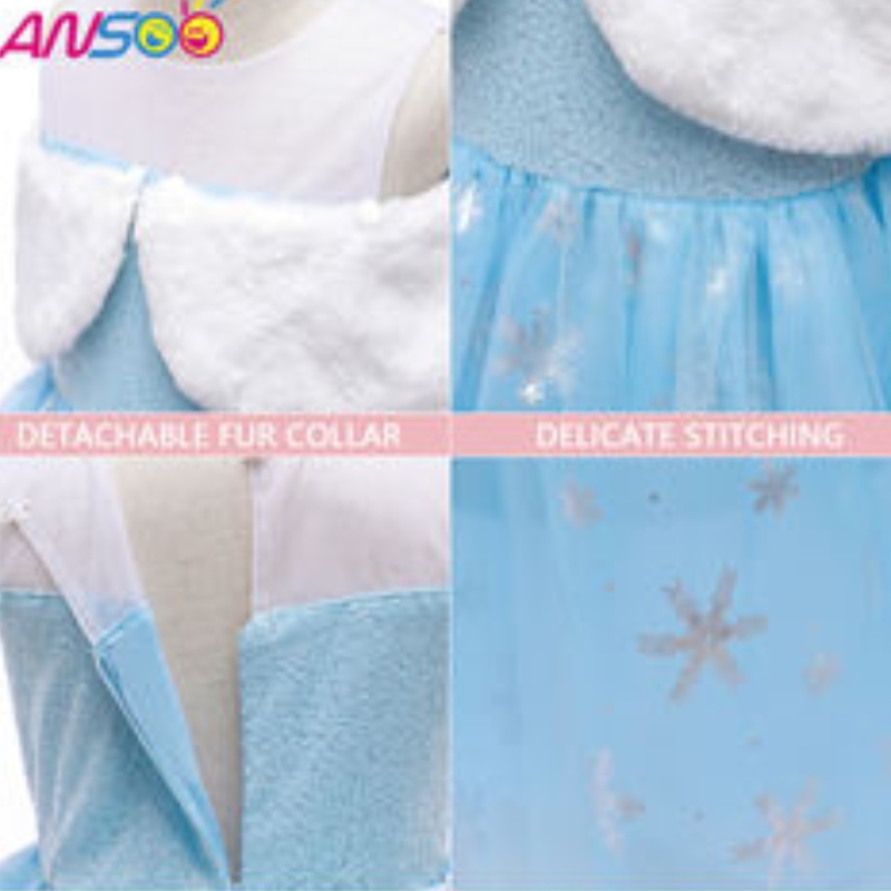 Ansoo2021 Деца на изпълнение Elsa Fashion Girl Wool Collar Princess Dress Lovely Girls Costume