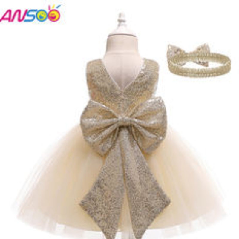 Ansoo Drop Shipping Baby Girls Dress Toddler Kids Party tutu pageant lace рокли за рокля за цветя рокля с лента за глава