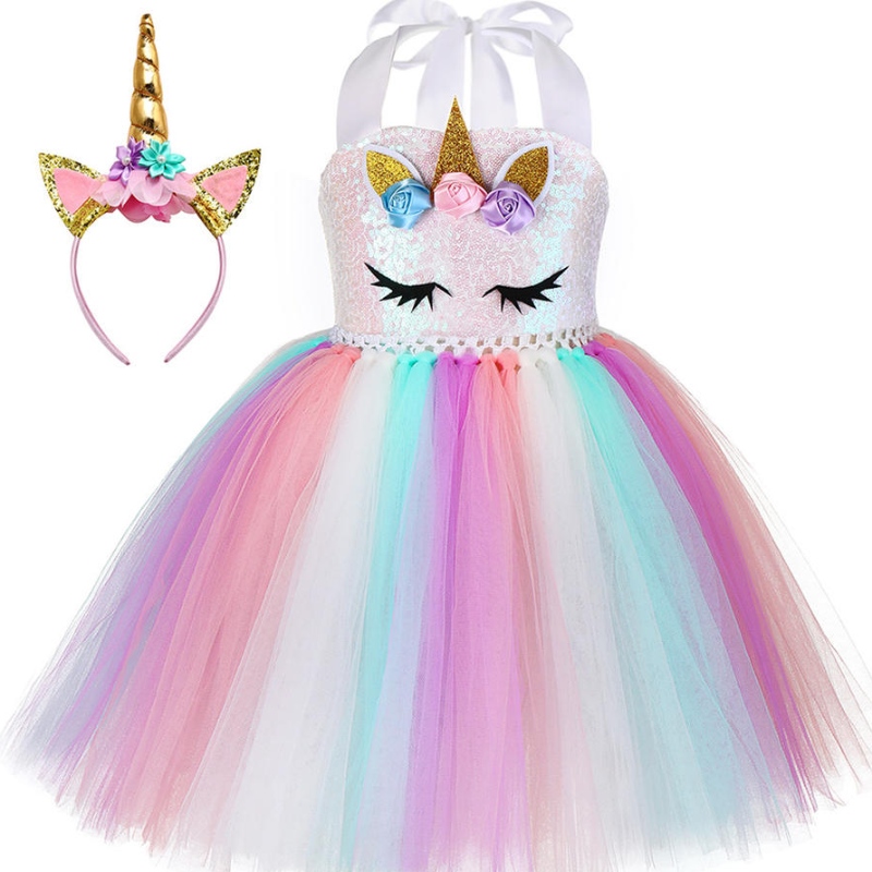 Kid Toddler Girl Birthday Ball Party Косплей костюм LED Light Up Rainbow Unicorn Fluffy Slauster Tulle Tutu рокля с лента за глава