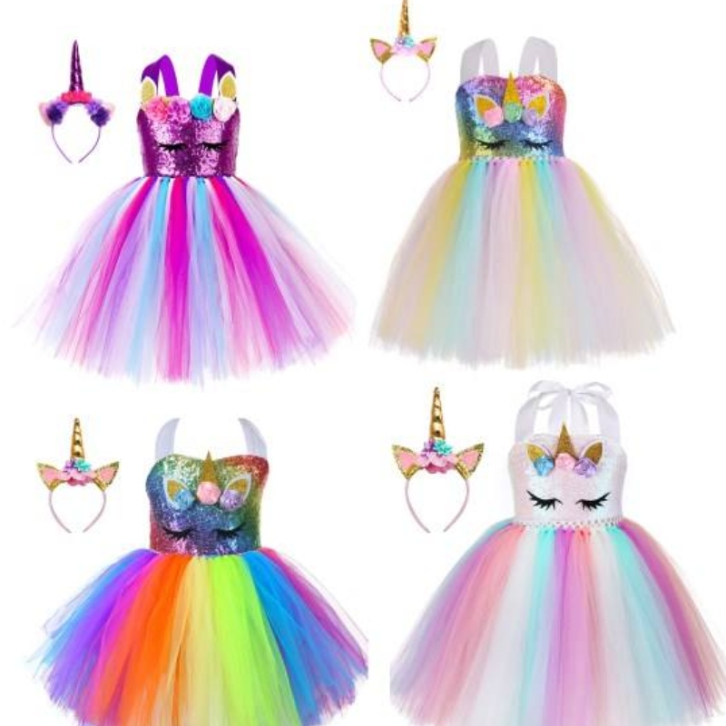 Kid Toddler Girl Birthday Ball Party Косплей костюм LED Light Up Rainbow Unicorn Fluffy Slauster Tulle Tutu рокля с лента за глава