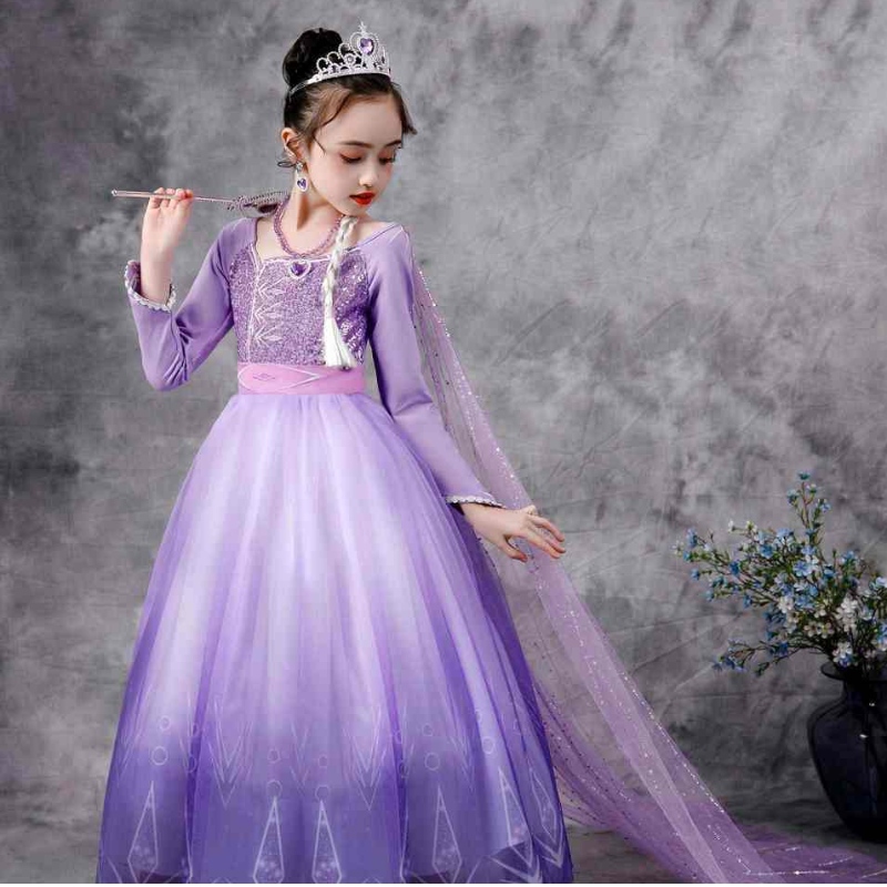 Baige Snow Queen Purple Elsa рокля Коледа Хелоуин Ана Костюм момичета с дълъг ръкав бродирани рокли с пайети с пайети