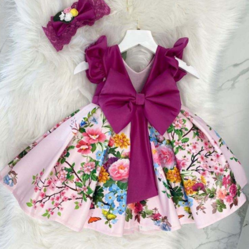 Baige Big Bow Christmas Flower Girl Party Princess Dress Baige Printed V-Back Borthing Ball Bown L2033XZ