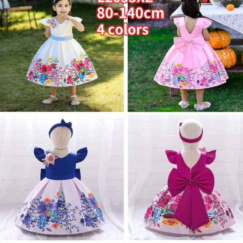 Baige Big Bow Christmas Flower Girl Party Princess Dress Baige Printed V-Back Borthing Ball Bown L2033XZ