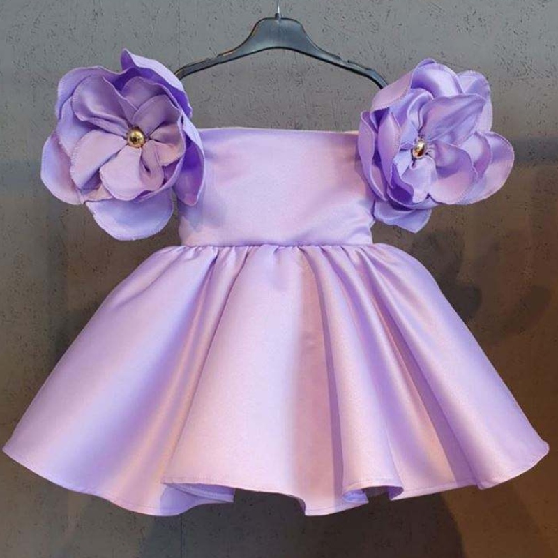 Baige Big Flower Kids Dress Pink Bridan Satin Party Baby Ball Bowl Girls \\ 'рождени рокли с лък на рамо