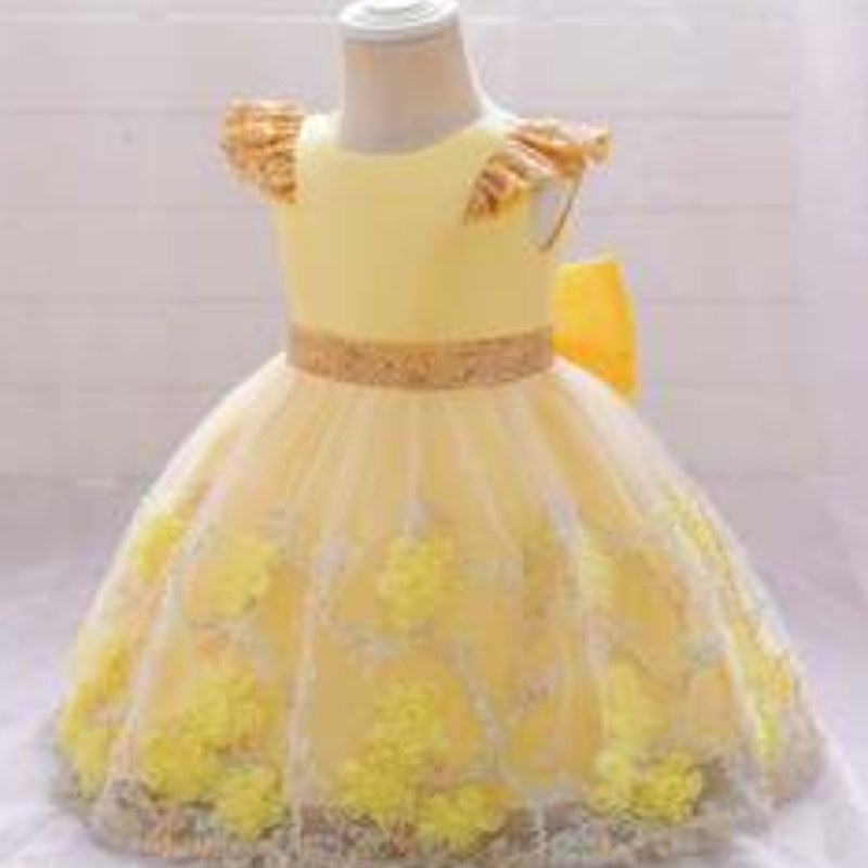 Baige Yellow Flower Girl Dress Kids Party Frock New India Collection Fancy Girl Party Ress L21XZ