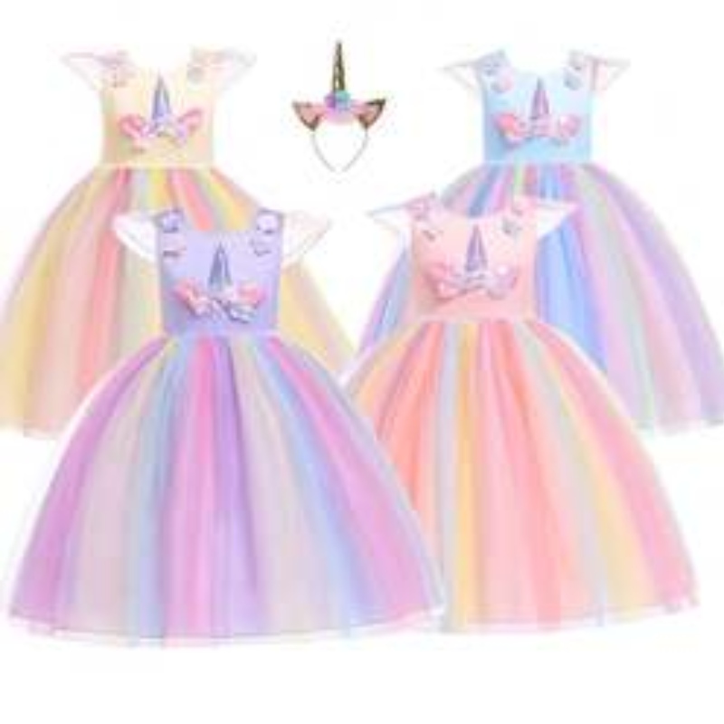 Baige Amazon Sellsbaby Girls Unicorn Princesstutu Ress Flower Girls Rainbow Ress Birthday Party Костюм Деца лято тюл