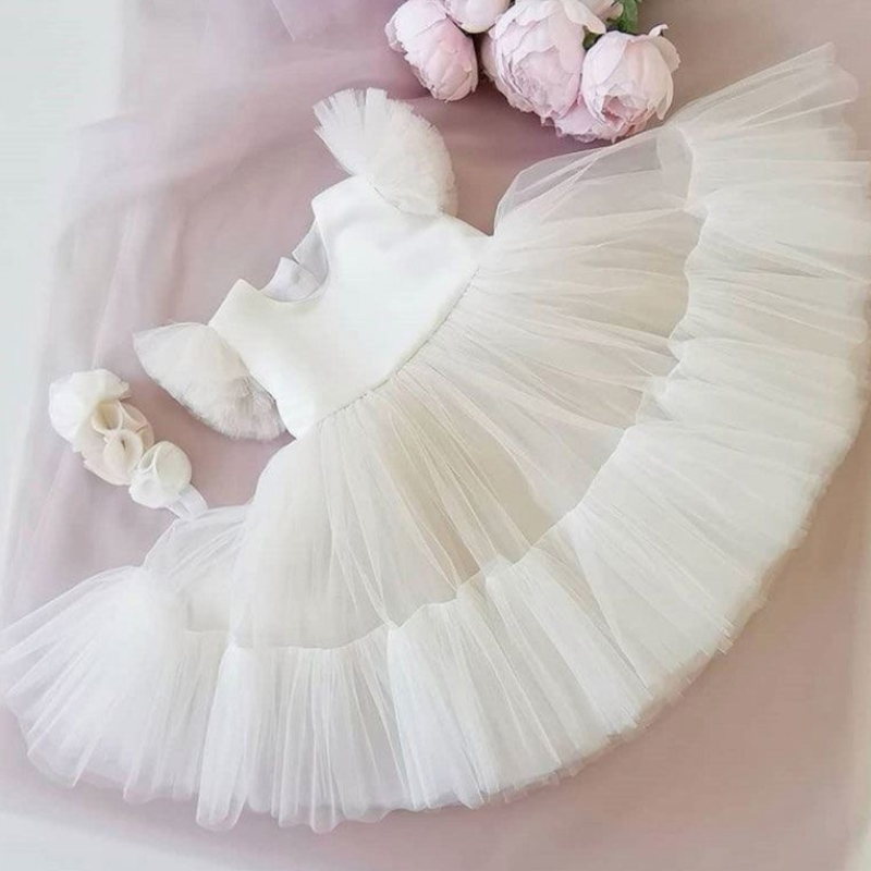 Baige Hot Sale White Flower Girl Tutu Party Dress Слоева подпухнала рокля за рожден ден топка рокля