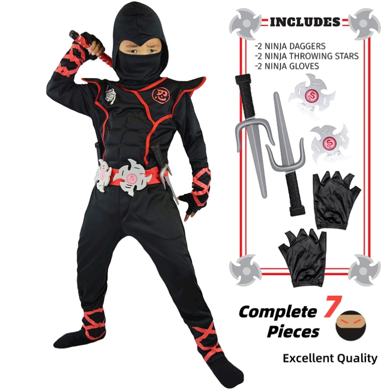 7 парчета Unisex Child Ninja Deluxe Costume for Kids Role Play Themed Party Halloween Fancy Dress-Up