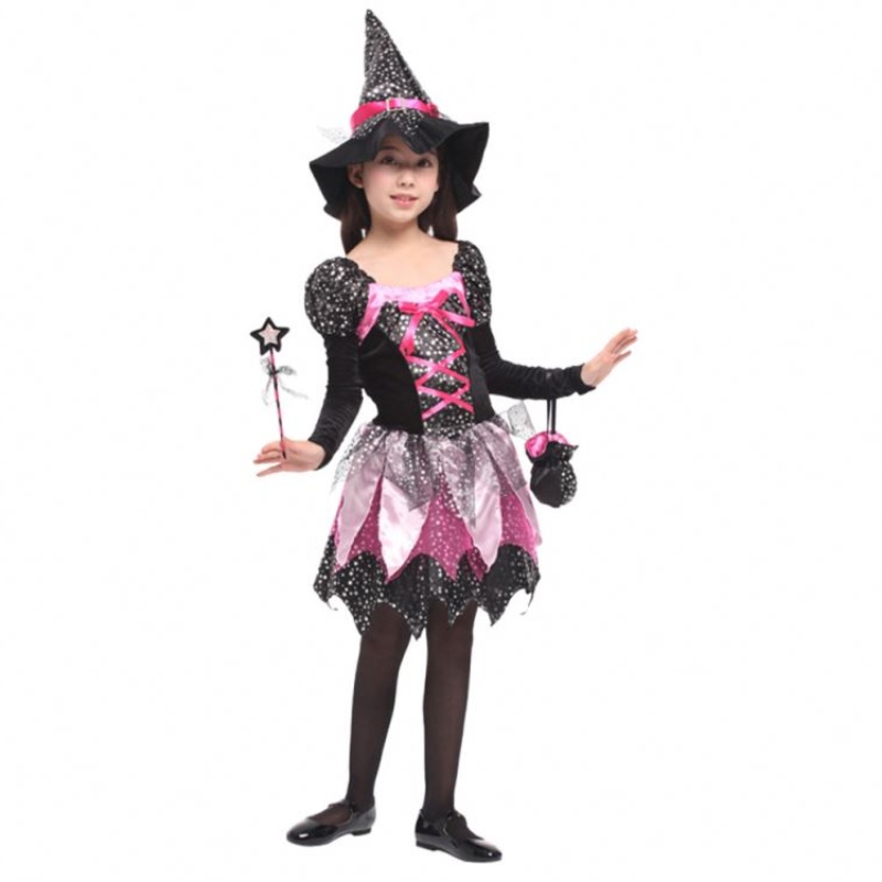 Kid Girls Wand Ress Up Clothes Halloween Witch Costume Sparkly Silver Stars Printed Cosplay Ressing с заострена шапка