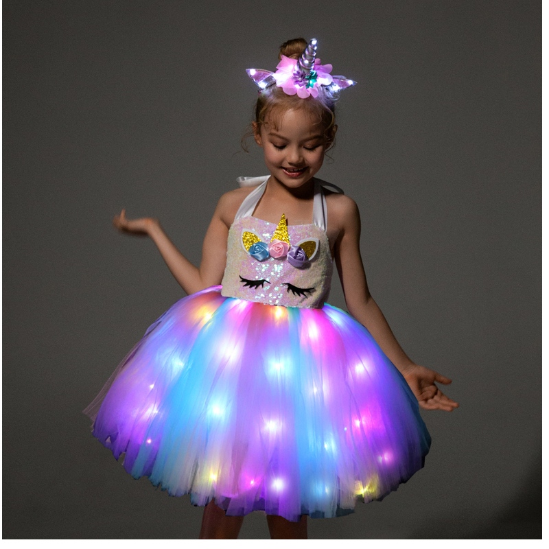 2022 деца момичета сладки костюми за еднорог с LED светлина рокля за Хелоуин рожден ден парти подарък ръкав за деца деца дрехи