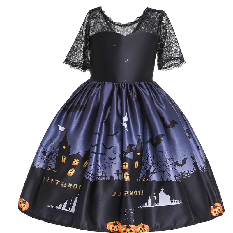 Хелоуин принцеса рокля дантелена тръба Топ рокля Ghost Print Деца рокля