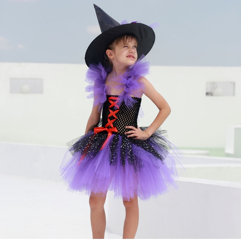 Amazon Hot Selling Tutu Witch Dress Costume за момичета с вещица шапка Хелоуин Карнавално парти