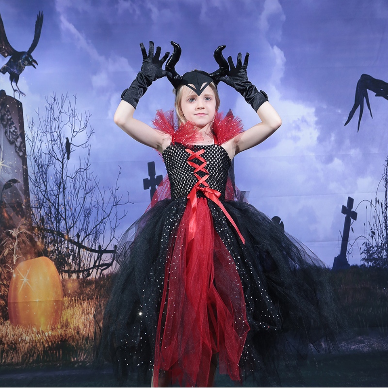 Amazon Hot Selling Kids Girls Deluxe Halloween Vampire Witch Costume Fairy Princess Evil Tutu Ressing Horns