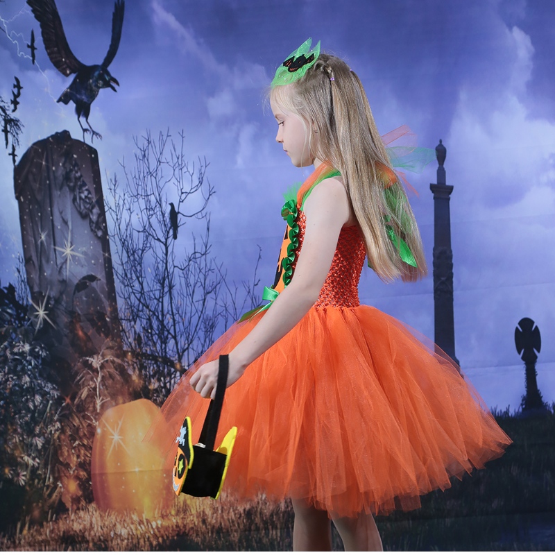 Amazon гореща продажба на деца момиче Хелоуин рокля тиква мрежест тюл туту рокля