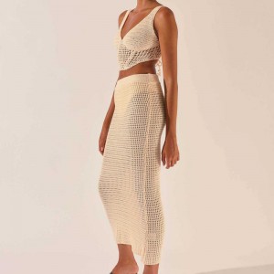 2023 г. Нови жени дрехи куха плетене на плетене на плетене на плетене на плетене с v-образно деколте, която се секси секси хип пола 2 б...