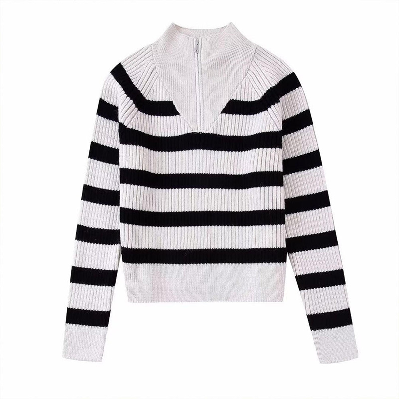 Есента нова модна ивица плетен пуловер реколта дълъг ръкав женски пуловери шикозни върхове