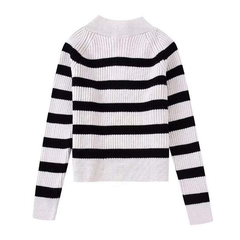 Есента нова модна ивица плетен пуловер реколта дълъг ръкав женски пуловери шикозни върхове