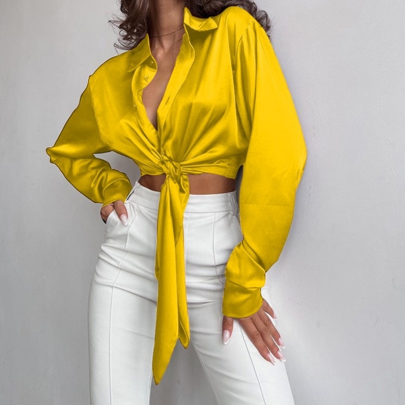 Небрежен копринен сатен текстура ревера с дълги ръкави