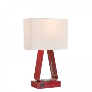 Малка настолна лампа с червено покритие, USB порт за зареждане, безжична станция за зареждане и на/off Rocker Switch в стаята