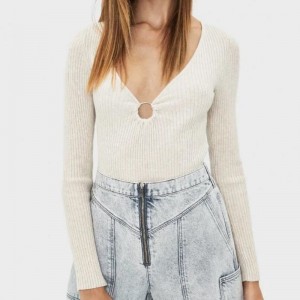 Жени моден плетен пуловер с дълъг ръкав и копчета