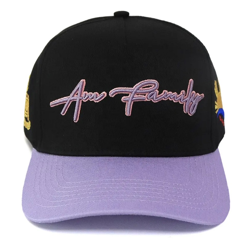 Ново пристигане Contrast Color Черно и лилаво персонализиран цвят 5 панелна бродерия лого бейзболна шапка спортни шапки за възрастни