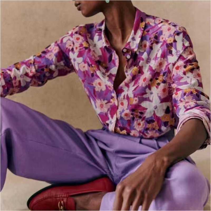 Нова френска елегантна модерна отпечатана шарка течаща коприна и памучна смес с дълги ръкавици тънка риза